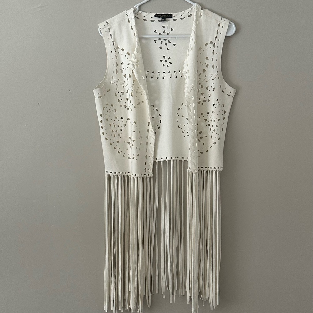 Alberto Makali White Suede Laser Cut Fringe Vest Top Boho Western Size M - Picture 3 of 7